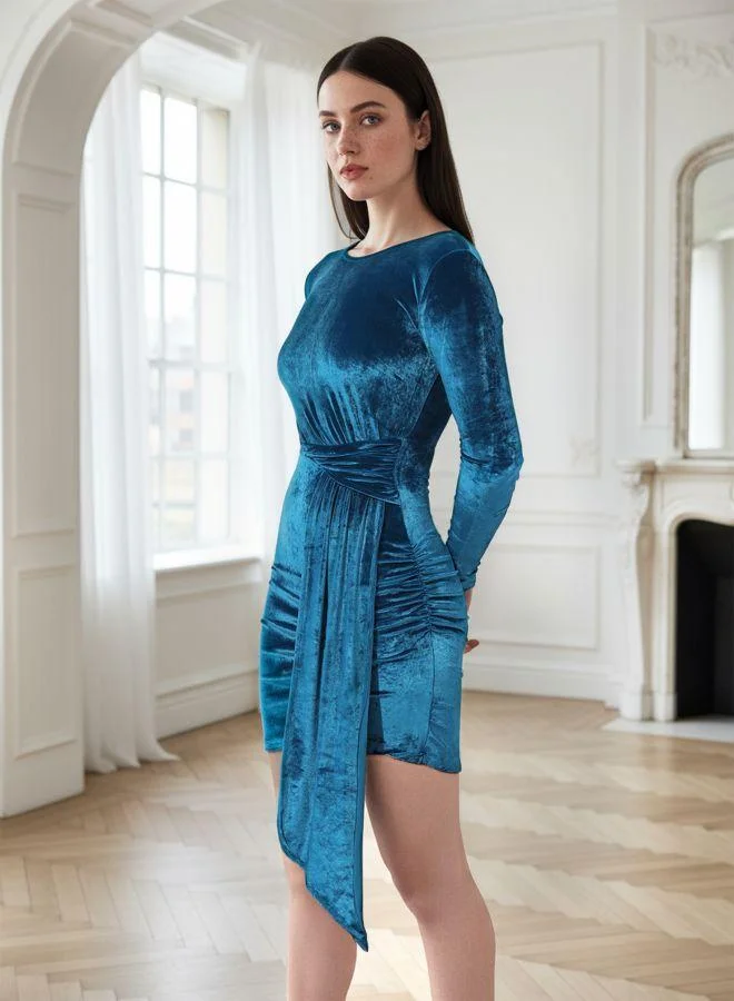 مرفوعة Women Fitted Solid Round Neck Full Sleeves Bodycon Dress